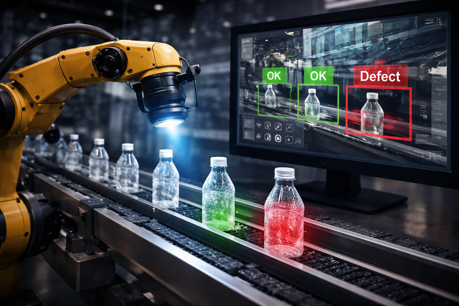 Vision AI defect detection visualization — bounding boxes and highlights on an inspection frame